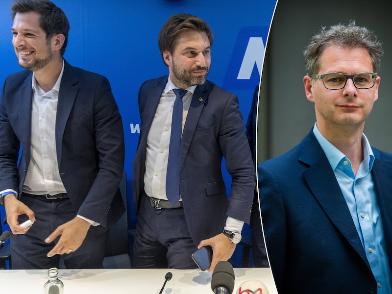Links: Waals minister-president Adrien Dolimont (MR) en Georges-Louis Bouchez (MR). Rechts: hoofdeconoom Voka Bart Van Craeynest. 