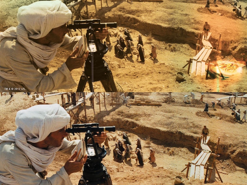 Een scène uit klassieker 'Raiders of the Lost Ark'. Bovenaan de beschadigde, originele versie, onderaan de bijgewerkte digitale uitvoering op Blu-Ray.