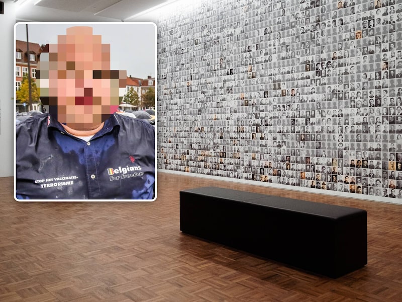 De indrukwekkende portrettenwand in Kazerne Dossin in Mechelen herinnert aan de deportaties tijdens de Tweede Wereldoorlog. Inzet: Hans B. uit Brugge was in de covidperiode het gezicht van ‘Belgians for Freedom’.