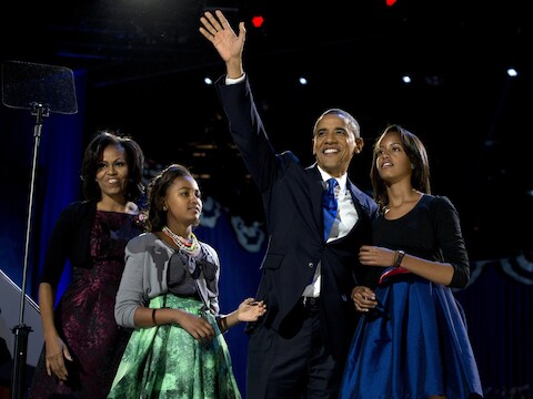 Barack Obama en zijn familie op de dag van zijn herverkiezing.