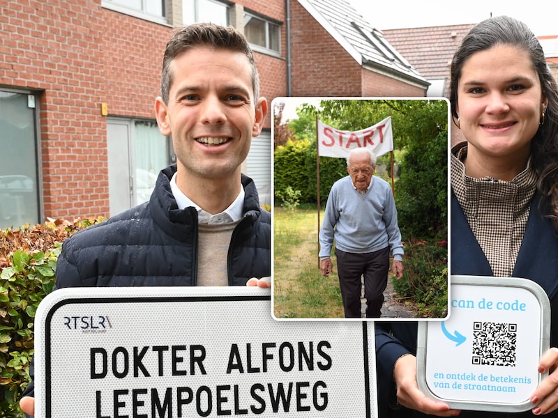 Burgemeester Jelle Wouters en bevoegd schepen Tessa Heylighen brengen met de nieuwe straatnaam hulde aan ereburger Alfons Leempoels., Inzet: Rotselaars huisdokter Alfons Leempoels liep tijdens corona een marathon in zijn tuin.