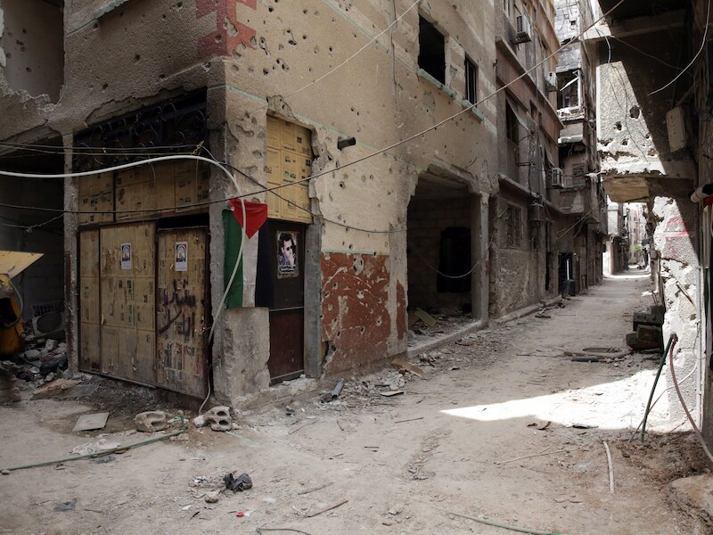 Het door IS deels bezette Palestijnse vluchtelingenkamp Jarmoek in het zuiden van Damascus.