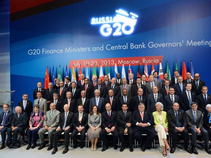Deelnemers van de G20 conferentie in Moskou.