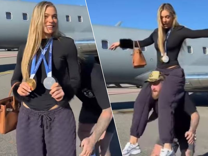 In de nek van verloofde Jake Paul richting privéjet: Jutta Leerdam neemt in stijl en met pakkende boodschap afscheid van Winterspelen