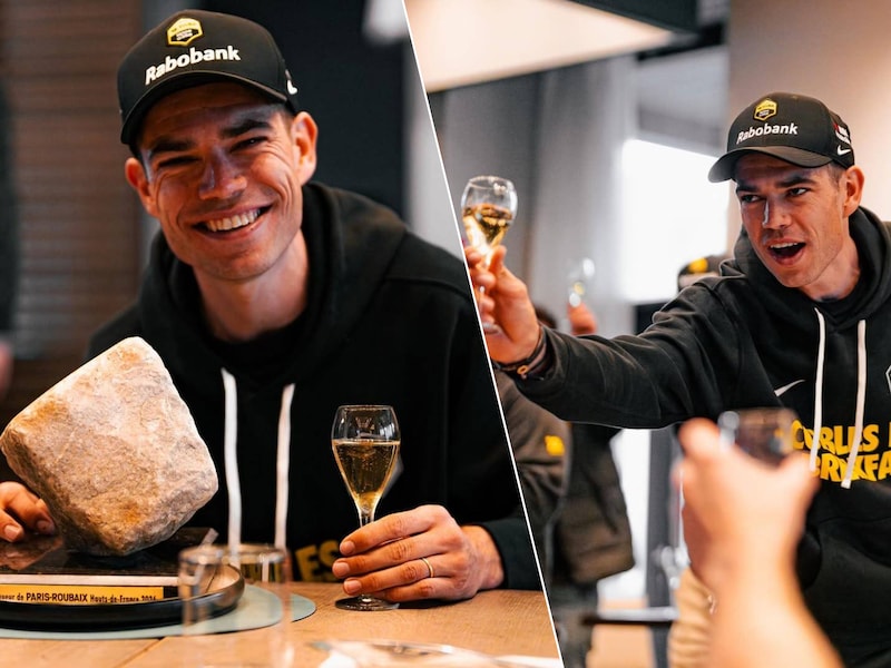  ‘Cobbles for breakfast’: Wout van Aert viert overwinning in Parijs-Roubaix met champagne en speciale trui