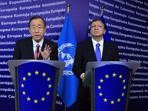 Secretaris-Generaal van de VN Ban Ki-Moon met Jose Manuel Barroso, voorzitter van de Europese Commissie.