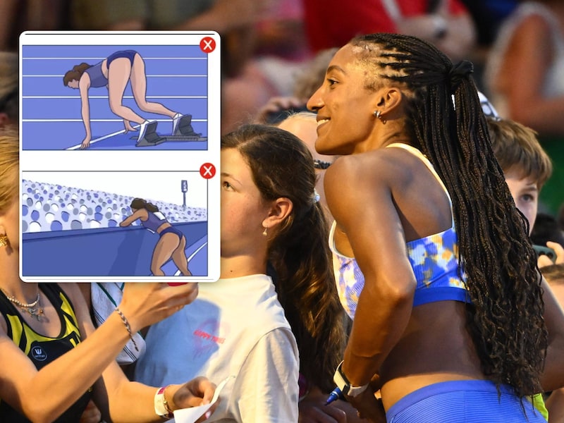 De nieuwe richtlijnen voor atletiekbeelden vragen onder meer om de sporters niet meer met de billen in beeld te brengen, ook bij hun contacten met het publiek bijvoorbeeld, zoals op deze foto met Nafi Thiam.