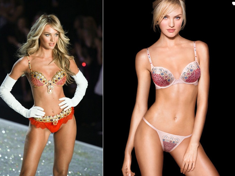 Links: de originele Fantasy Bra op de catwalk, rechts: de replica