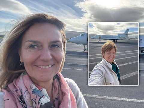 Selfie van Kathleen Depoorter met de FALCON 7X, in De Azoren / Selfie van Els Van Hoof met de FALCON 7X