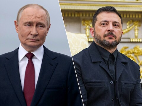 Russisch president Vladimir Poetin en zijn Oekraïense ambtgenoot Volodymyr Zelensky.