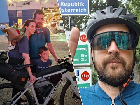Links: Steven bij zijn vriendin en zoon in Griekenland. Rechts: Steven onderweg tijdens zijn fietstocht.