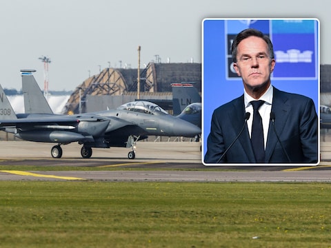Illustratiebeeld van de luchtmachtbasis van Lakenheath, met F15E Strike Eagles gestationeerd, die B61-12-bommen kunnen dragen. Inzet: NAVO-baas Mark Rutte. 