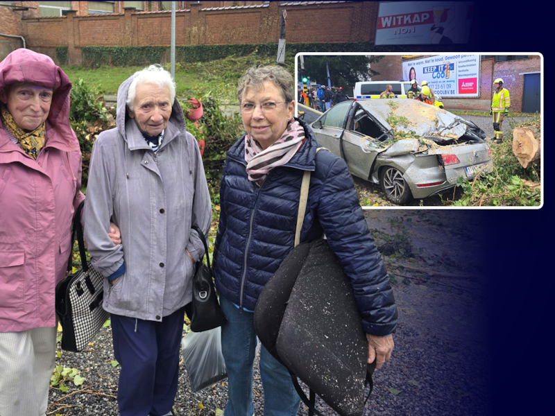 Rafaela (80), Josee (90) en Mariette (80) overleefden het ongeval na een etentje. Foto inzet: de wagen nadat er een boom op viel.