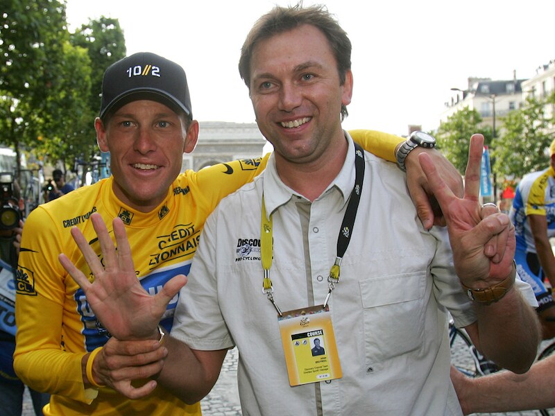 Bruyneel na de zevende Touroverwinning van Lance Armstrong.