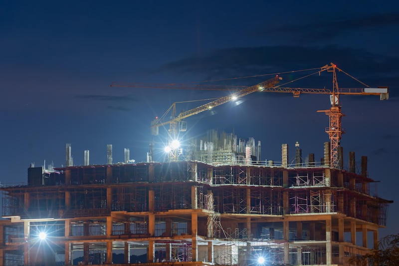 Illustratiebeeld - verlichting op hoge gebouwen en kranen.