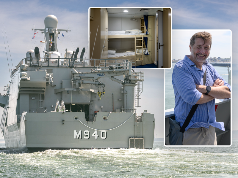 Onze journalist Marc Coppens als een van de eersten aan boord van de gloednieuwe M940-mijnenveger.