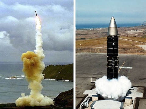 Links een Minuteman-raket, rechts een raket van het type Peacekeeper.