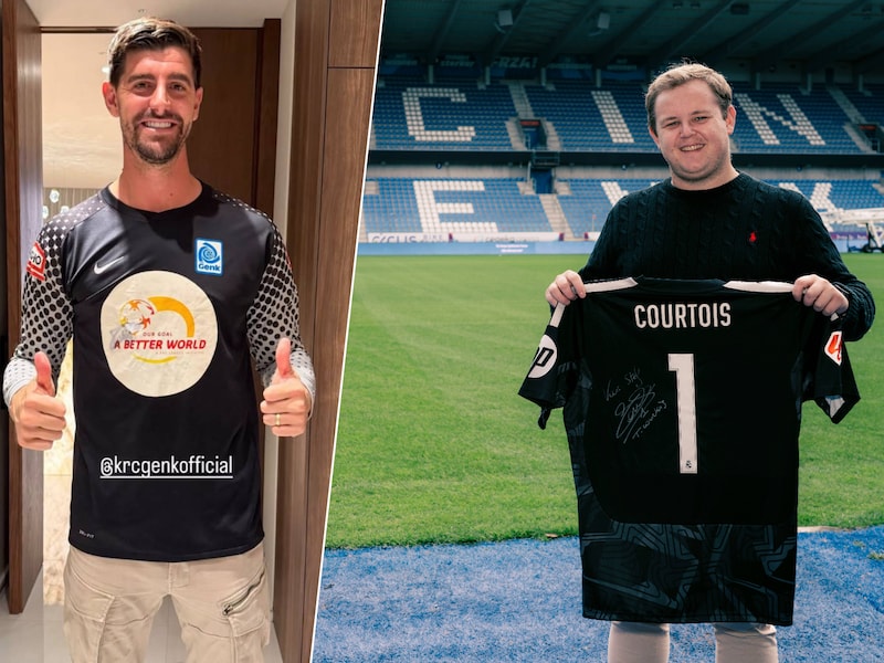 Thibaut Courtois met het truitje van Stef (dat daarvoor zijn eigen shirt was bij KRC Genk). Foto rechts: Stef Jacobs (29) met zijn nieuwe shirt, dat hij van Courtois kreeg.