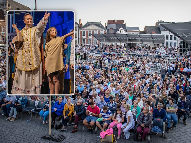 Een beeld van de Trudofeesten in 2019 in Sint-Truiden, waar een pak volk op aanwezig was. Foto inzet: een beeld uit het archief van een voorstelling tijdens de Trudofeesten.