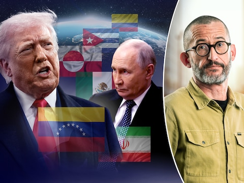 Trump en Poetin met de vlaggen van Iran, Venezuela, Mexico, Groenland, Cuba en Colombia. Rechts onze buitenlandjournalist Guy Van Vlierden.
