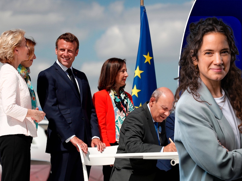 De Franse president Emmanuel Macron en toen nog Duits defensieminister Ursula von der Leyen tijdens de voorstelling van het prototype van een gezamenlijk Europees gevechtsvliegtuig in 2019.