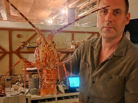 Stéphane Lamart met de geredde langoest.