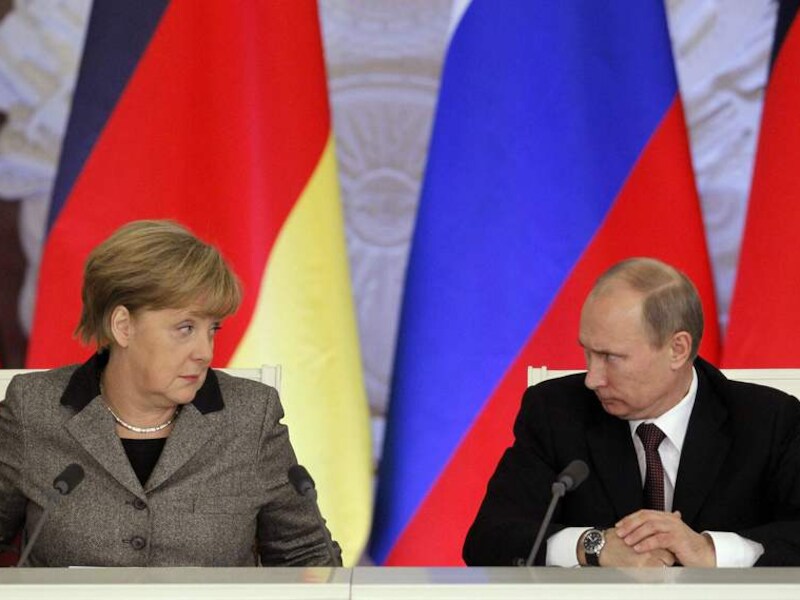 De Duitse bondskanselier Angela Merkel en de Russische president Vladimir Poetin.