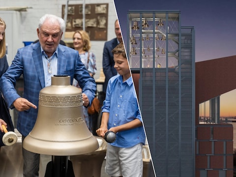 De eerste klok werd vandaag gegoten in het Nederlandse Asten. Kleinkinderen Emmanuelle en Robert Huts mochten de eerste slag laten klinken / Een toekomstbeeld van de beiaardtoren