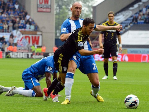 Hazard gaat in de zevende minuut over het been van Ramis: penalty en 0-2 voor Chelsea.