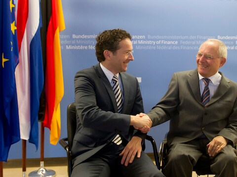 De Duitse minister van Financiën Wolfgang Schäuble met zijn Nederlandse collega Jeroen Dijsselbloem.