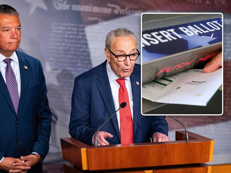Chuck Schumer (aan het woord) en Alex Padilla (links) beweren informatie van een klokkenluider te hebben gekregen.