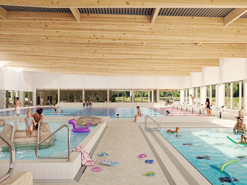 Een (voorlopig) 3D-beeld dat een idee geeft hoe de binnenkant van het nieuwe zwembad van Tielt er uit zou zien. De uiteindelijke uitvoering kan licht verschillen. 