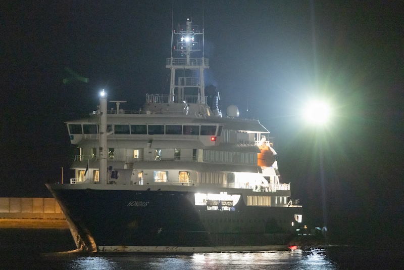 The cruise ship MV Hondius arrives at the port of Granadilla in Tenerife on May 10, 2026.