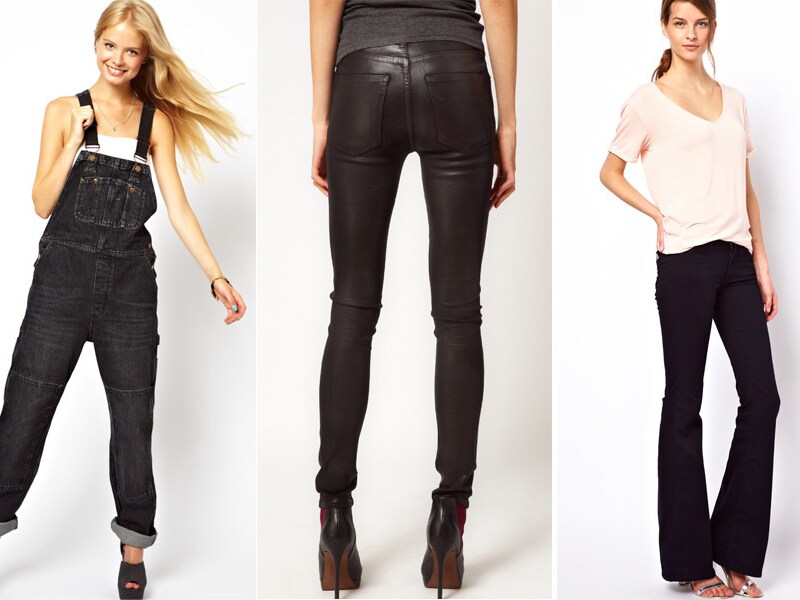 De tuinbroek, jeans met glanzende laag en brede jeans.