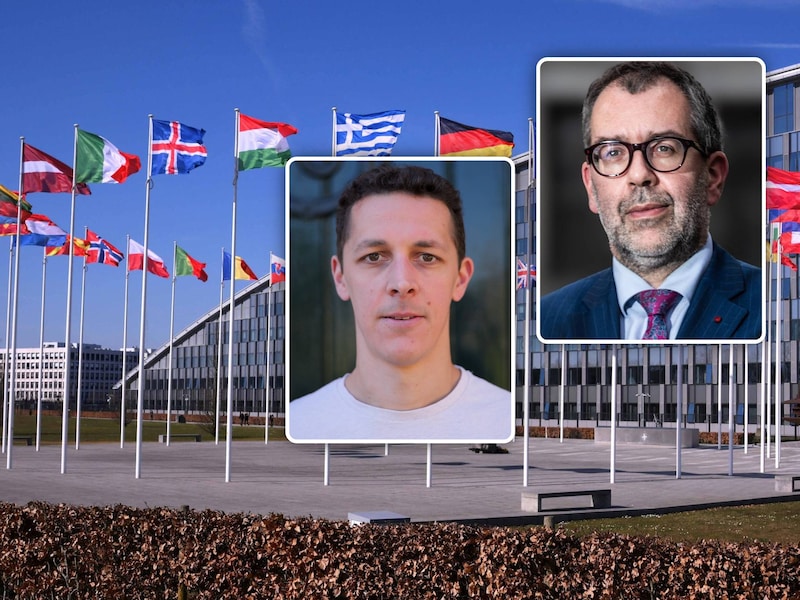 Het hoofdkwartier van de NAVO in Evere, bij Brussel. Met de vlaggen van alle 32 lidstaten. In inzet: defensiespecialisten Yf Reykers en Sven Biscop.