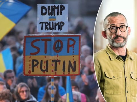 Slogans tegen Trump en Poetin op een pro-Oekraïense betoging in de Duitse hoofdstad Berlijn. Rechts: HLN-buitenlandjournalist Guy Van Vlierden.