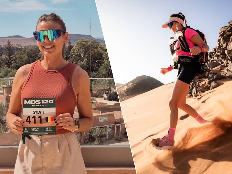 Op de foto links toont Sylvie Van Baelen uit Viersel haar rugnummer. Op de foto rechts is ze volop in actie tijdens de Marathon des Sables 120.