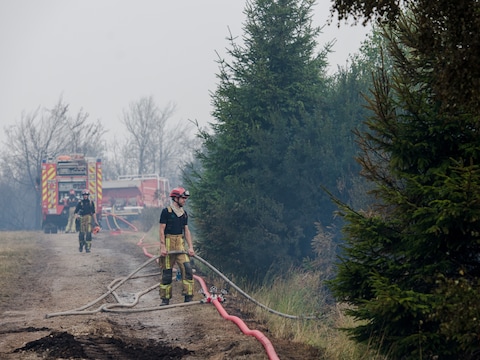 Brandweerlieden zijn met man en macht aan het blussen in de Hoge Venen