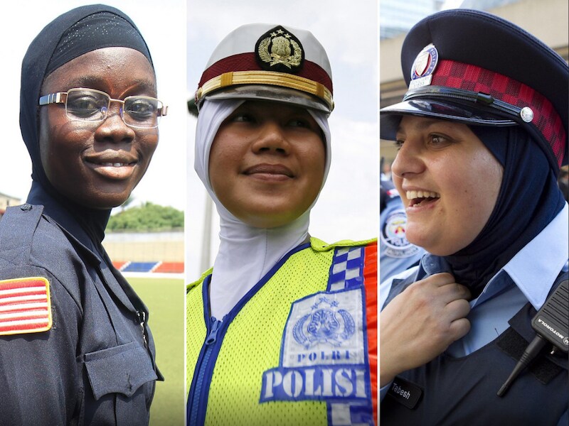 In andere landen is het volstrekt normaal dat agenten een hoofddoekje dragen. Op de foto hierboven agentes uit Liberië (l), Indonesië (m) en Canada (r).