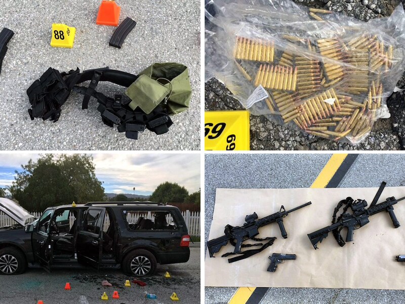 Een deel van het wapenarsenaal dat werd aangetroffen in de aan flarden geschoten wagen van de twee schutters.