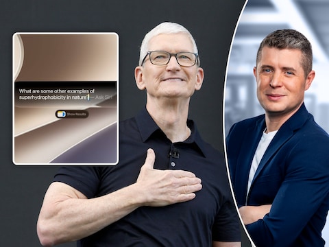 CEO Tim Cook stelt de nieuwigheden van Apple voor tijdens de World Wide Developers Conference (WWDC) 2026. Kleine foto: een screenshot van Siri. 