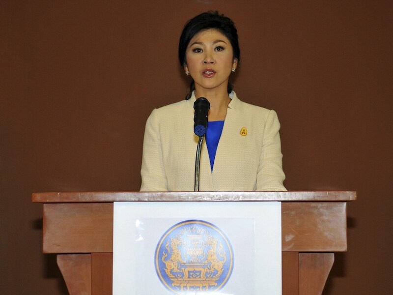 Premier Yingluck Shinawatra tijdens haar televisietoespraak van vandaag.
