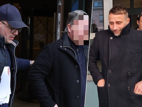 Beeld links: duiker Gino S. met zijn advocaat. Beeld rechts: acteur Matthias Schoenaerts aan de politierechtbank van  Beringen begin dit jaar.