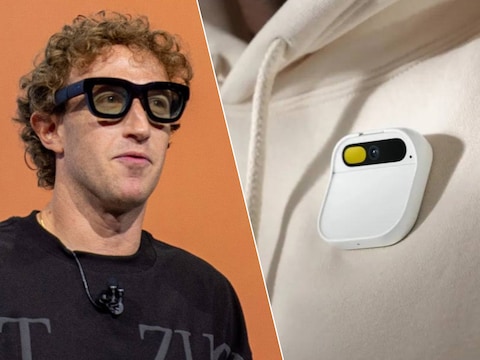 Links: De CEO van Meta Mark Zuckerberg met een slimme bril. Rechts: De AI Pin van de teloorgegane startup Humane.