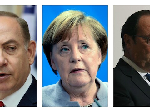 Netanyahu, Merkel en Hollande.