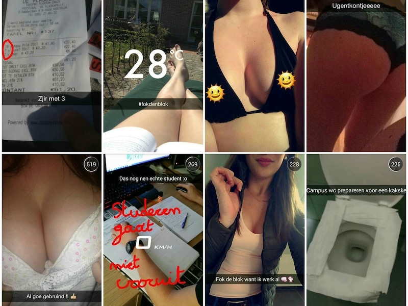 Een selectie van de foto's die verschenen op de Snapchataccount 'Gentstudent'. Tussen de toilethumor ook veel seksueel getinte posts.