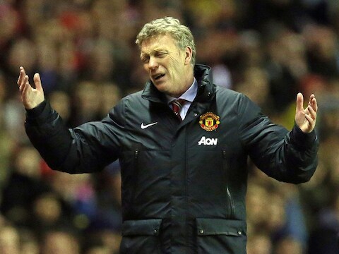 David Moyes ziet Man United voor de derde keer op rij onderuit gaan.