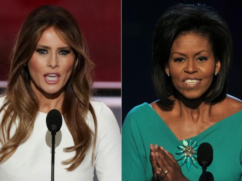 Melania Trump gisteravond op de Republikeinse Conventie. Rechts: Michelle Obama sprak haast dezelfde woorden uit in 2008, op de toenmalige Democratische Conventie.