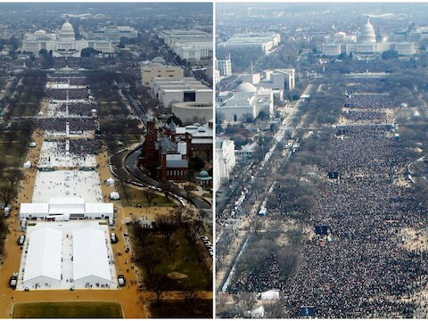 Links: de aanwezigen bij de inauguratie van Trump. Rechts: de opkomst bij die van Obama.