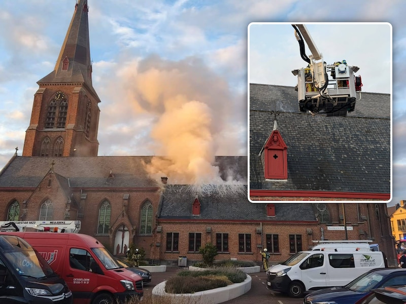 Brand in Sint-Amanduskerk in Meulebeke, inzet: de brandweer is ter plaatse.